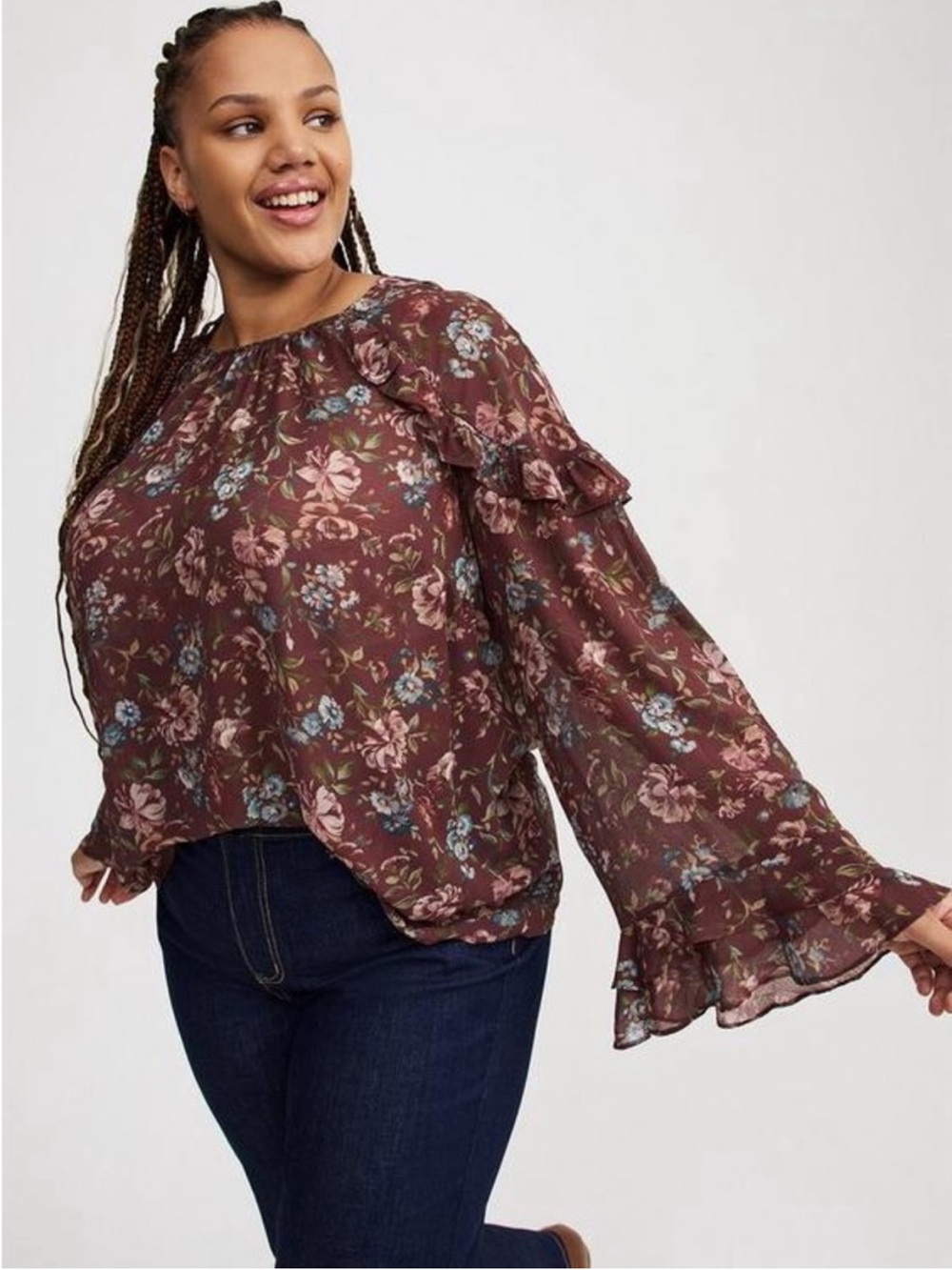 NWT Torrid Secret Garden Floral Chiffon Ruffle Blouse Wine Size 5X
